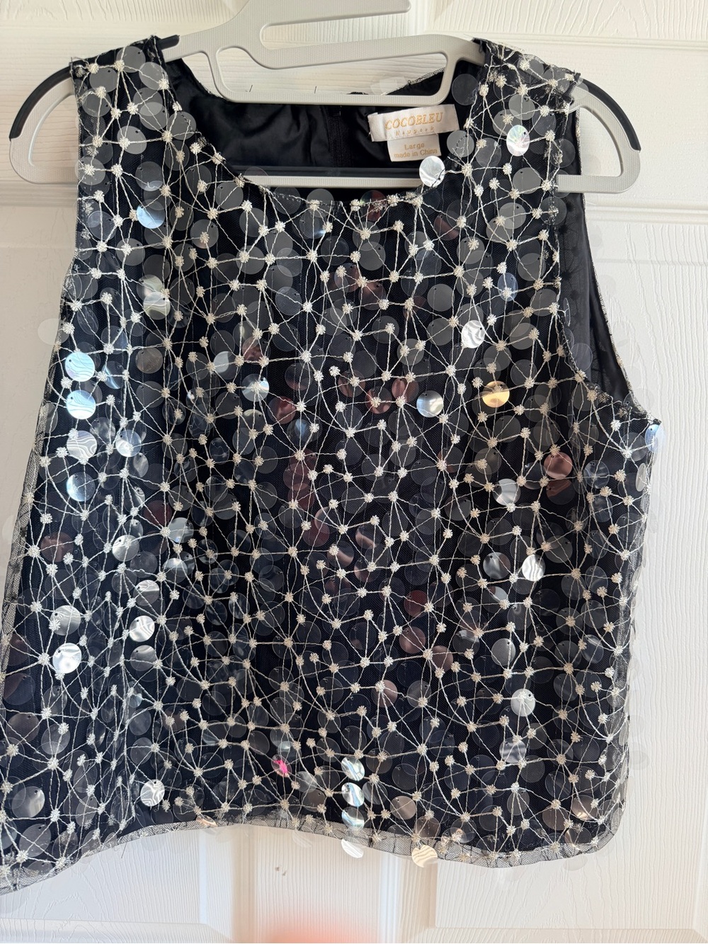 Cocobleu Black Top with Silver Sequin Floral Overlay Large